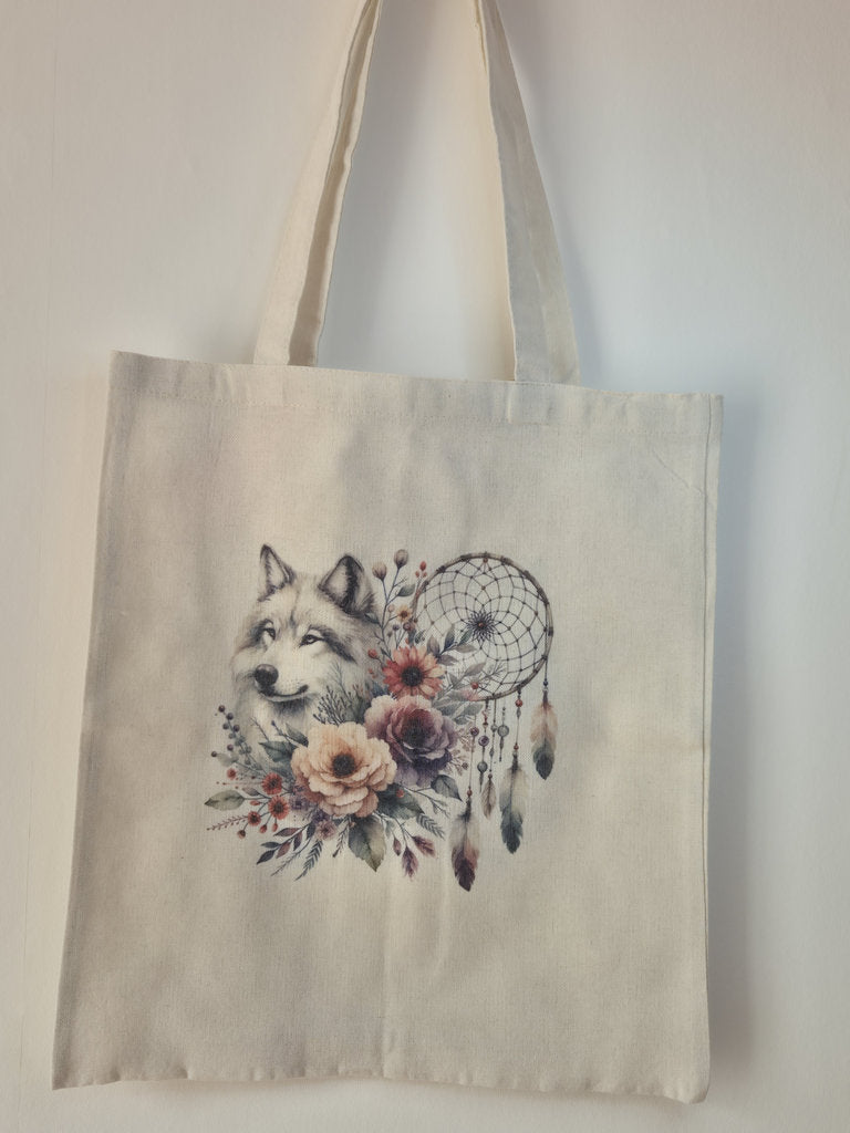 Tote bag loup attrape-rêves en polyester effet lin