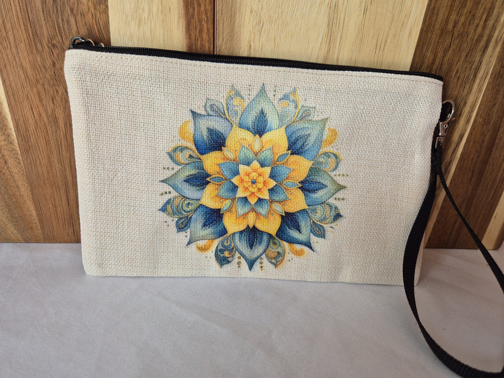 Pochette zippée en lin avec motif mandala bleu et doré